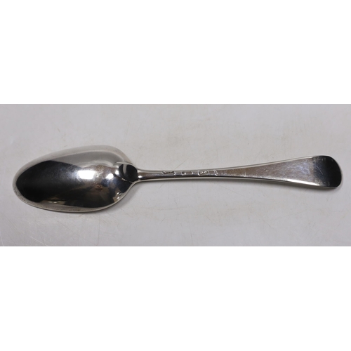 840 - A late George II? bright cut engraved base mark table spoon, marks pinched and rubbed, 20.3cm, 64 gr... 