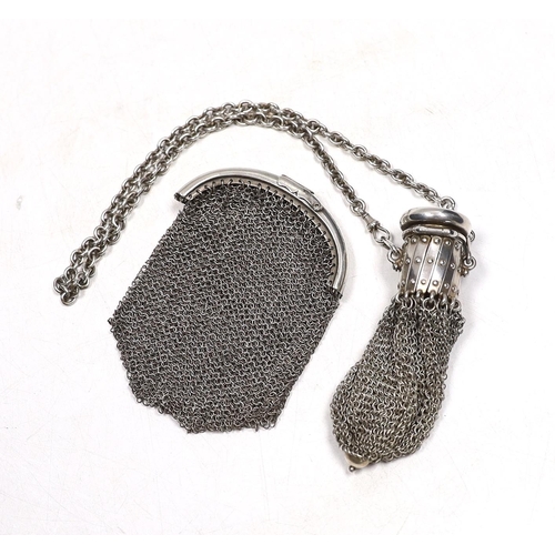 843 - A miser's purse on suspension chain, together with a mesh evening purse.