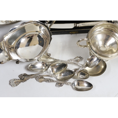 846 - A small collection of silver including a sauceboat, two handled shallow bowl, five teaspoons and a c... 