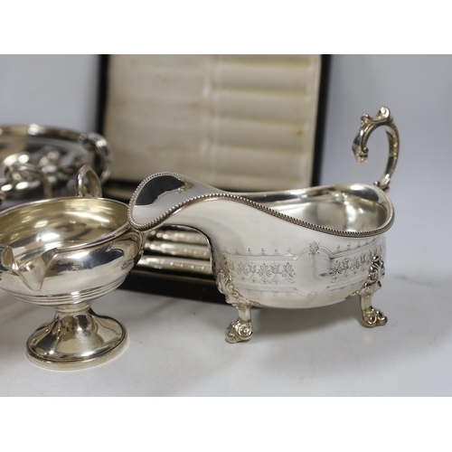 846 - A small collection of silver including a sauceboat, two handled shallow bowl, five teaspoons and a c... 