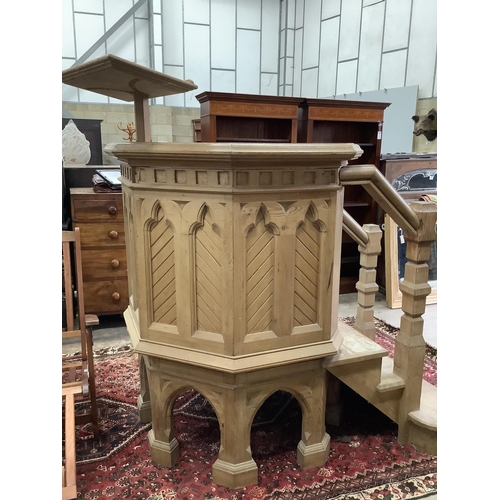 87 - A Pugin style pitch pine pulpit with lecturn, height 165cm