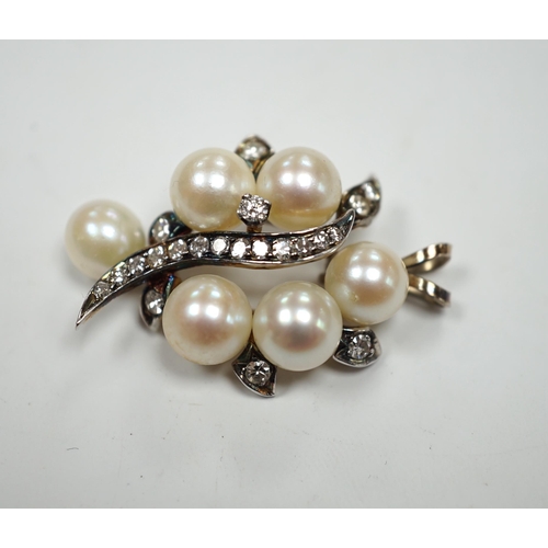 976 - A yellow and white metal, cultured pearl and diamond cluster set spray pendant, 33mm, gross weight 6... 