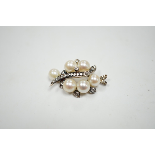 976 - A yellow and white metal, cultured pearl and diamond cluster set spray pendant, 33mm, gross weight 6... 