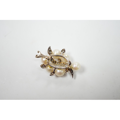 976 - A yellow and white metal, cultured pearl and diamond cluster set spray pendant, 33mm, gross weight 6... 