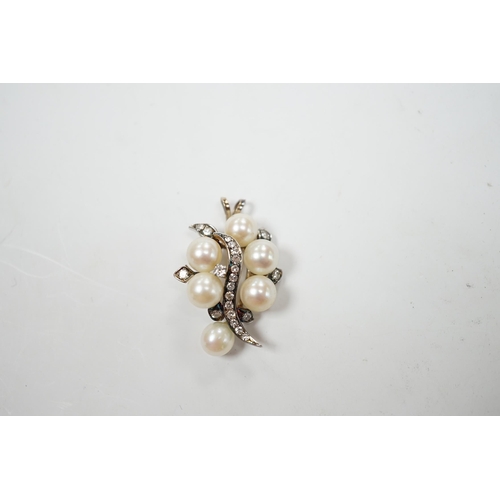 976 - A yellow and white metal, cultured pearl and diamond cluster set spray pendant, 33mm, gross weight 6... 