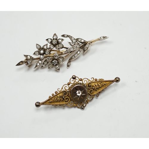 983 - A late Victorian, yellow metal, white metal and diamond cluster set foliate spray brooch, 53mm, toge... 