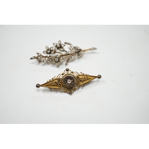 983 - A late Victorian, yellow metal, white metal and diamond cluster set foliate spray brooch, 53mm, toge... 