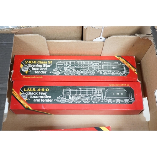 1254 - Five boxed Hornby Railways 00 gauge locomotives including; an LMS Black Five (R840), an LMS Class Fi... 