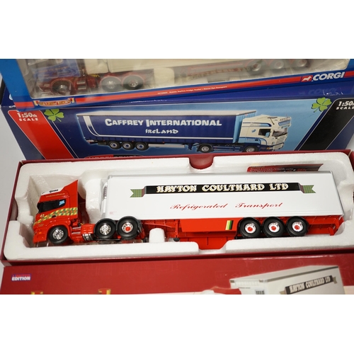 1267 - Four boxed Corgi and Universal Hobbies 1:50 scale articulated trucks; a Scania refrigerated lorry (C... 