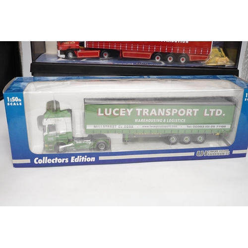 1272 - Four boxed Corgi and Universal Hobbies 1:50 scale articulated trucks; a Leyland DAF lorry (75401), a... 