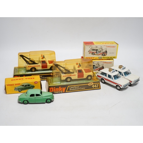 1261 - Five boxed Dinky Toys; Rover 75 Saloon (156) in correct two-tone green colour spot box, two Police P... 