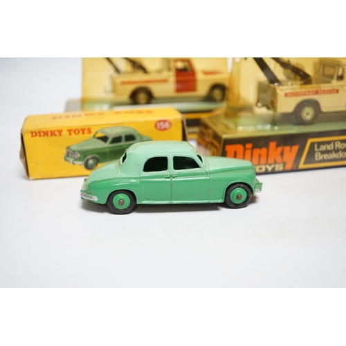 1261 - Five boxed Dinky Toys; Rover 75 Saloon (156) in correct two-tone green colour spot box, two Police P... 