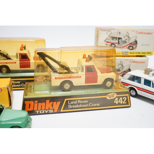 1261 - Five boxed Dinky Toys; Rover 75 Saloon (156) in correct two-tone green colour spot box, two Police P... 