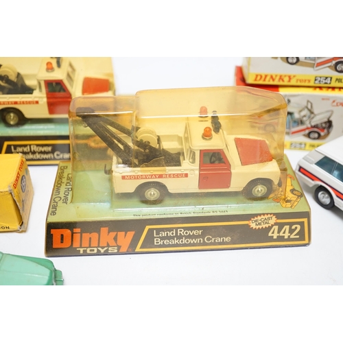 1261 - Five boxed Dinky Toys; Rover 75 Saloon (156) in correct two-tone green colour spot box, two Police P... 