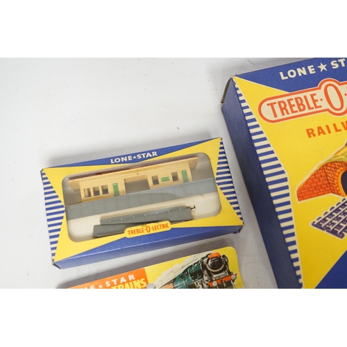 1273 - Sixty-two boxed items of Lone Star 000 gauge model railway including; a tunnel, Brake End Coaches, b... 