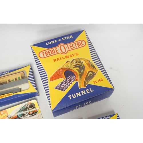 1273 - Sixty-two boxed items of Lone Star 000 gauge model railway including; a tunnel, Brake End Coaches, b... 