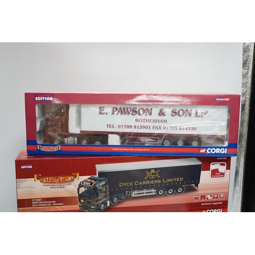 1281 - Four boxed Corgi 1:50 scale articulated trucks; a DAF CF curtainside (CC13601), a Volvo FM with box ... 