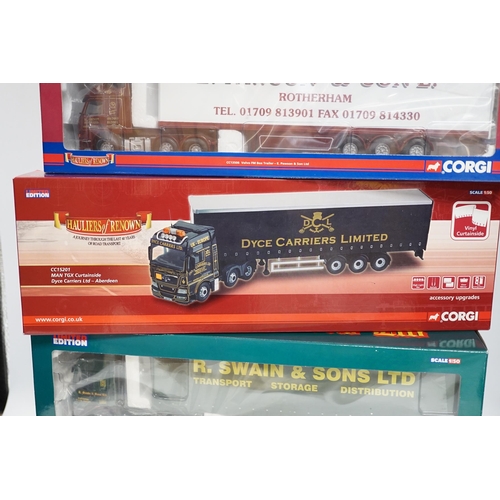 1281 - Four boxed Corgi 1:50 scale articulated trucks; a DAF CF curtainside (CC13601), a Volvo FM with box ... 