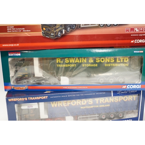 1281 - Four boxed Corgi 1:50 scale articulated trucks; a DAF CF curtainside (CC13601), a Volvo FM with box ... 