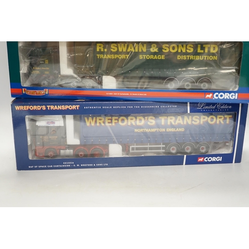 1281 - Four boxed Corgi 1:50 scale articulated trucks; a DAF CF curtainside (CC13601), a Volvo FM with box ... 