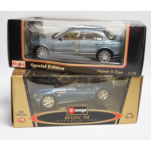 1286 - Five boxed 1:18 model cars by Maisto and Bburago; Jaguar S-Type, Jaguar XKR, Ferrari 550 maranello, ... 