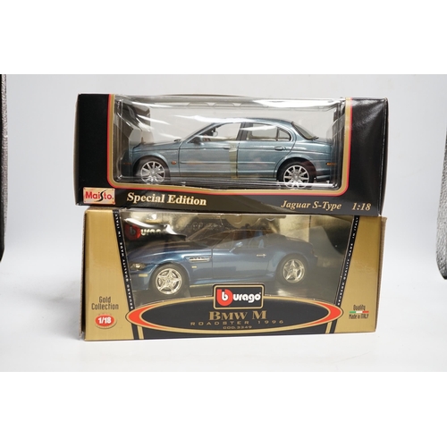 1286 - Five boxed 1:18 model cars by Maisto and Bburago; Jaguar S-Type, Jaguar XKR, Ferrari 550 maranello, ... 