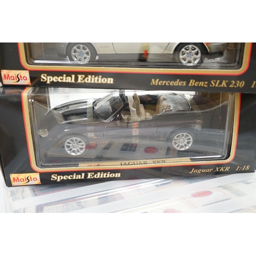 1286 - Five boxed 1:18 model cars by Maisto and Bburago; Jaguar S-Type, Jaguar XKR, Ferrari 550 maranello, ... 