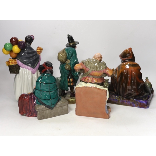 1355 - Five Royal Doulton figures, The Potter HN 1493, The Mask Seller, HN 2103, Falstaff HN 2054, Silks an... 