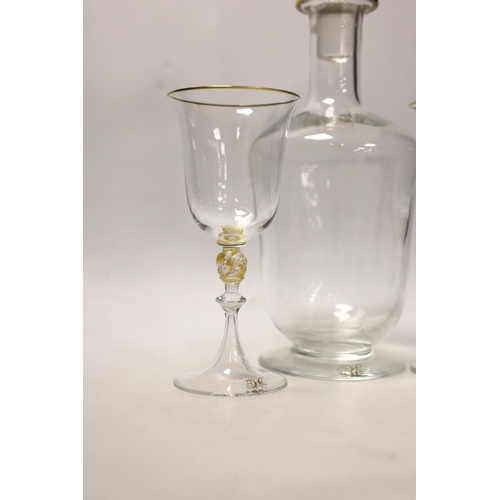 1364 - A Venetian glass decanter and two matching glasses, each with a gilt H to foot. Tallest 32cm... 