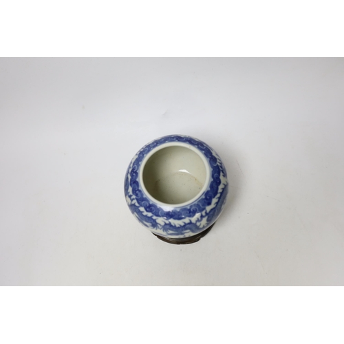 1371 - A Chinese blue and white dragon water pot on stand, bowl 12.5cm high including stand