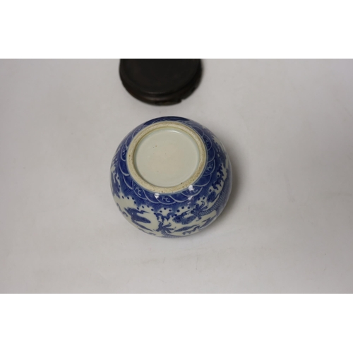 1371 - A Chinese blue and white dragon water pot on stand, bowl 12.5cm high including stand