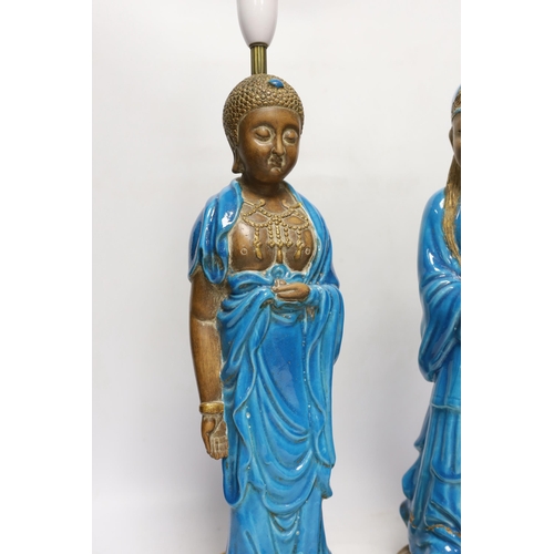 1385 - Two Chinese decoratively glazed and gilded pottery figures converted to lamp bases, approximately 44... 