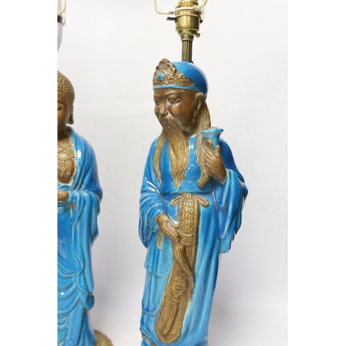 1385 - Two Chinese decoratively glazed and gilded pottery figures converted to lamp bases, approximately 44... 