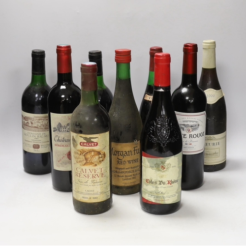 1393 - Nine bottles of red wines: a bottle of Tambour Vintage Cote du Rhône 1976, two bottles of 1987 Domai... 