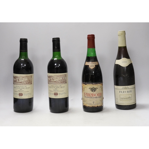 1393 - Nine bottles of red wines: a bottle of Tambour Vintage Cote du Rhône 1976, two bottles of 1987 Domai... 