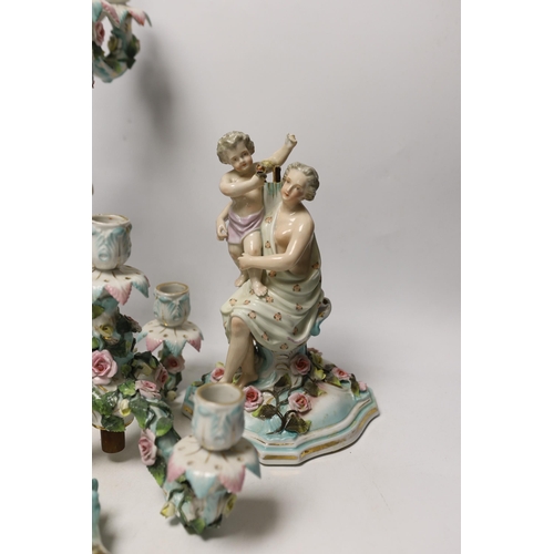 1395 - A pair of Sitzendorf figural candelabra, 46cm