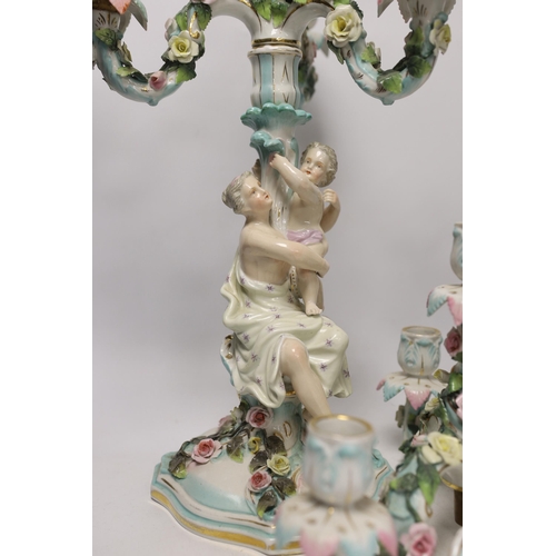 1395 - A pair of Sitzendorf figural candelabra, 46cm