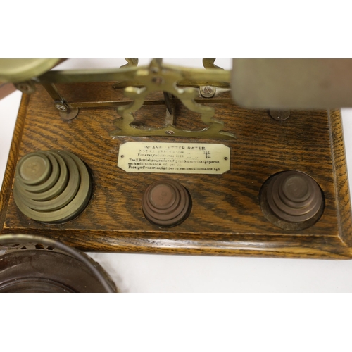 1396 - Letter scales and weights, a inlaid box, a carved box, a pair of plated coasters, carriage clock, in... 