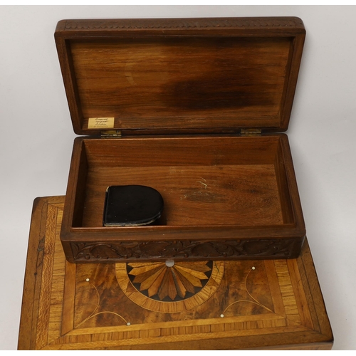 1396 - Letter scales and weights, a inlaid box, a carved box, a pair of plated coasters, carriage clock, in... 