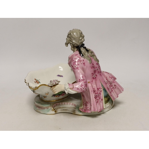 1417 - A 19th century Meissen figural sweetmeat dish with floral encrusted decoration, crossed swords mark ... 