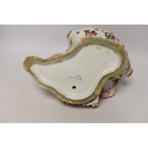 1417 - A 19th century Meissen figural sweetmeat dish with floral encrusted decoration, crossed swords mark ... 