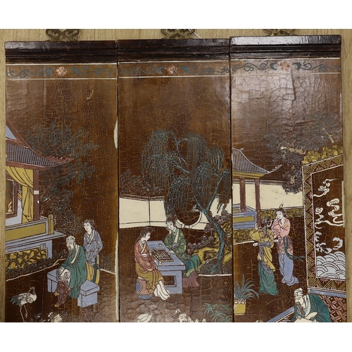 1418 - Three Chinese wood lacquered panels of domestic scenes, each 69 x 18cm