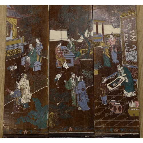 1418 - Three Chinese wood lacquered panels of domestic scenes, each 69 x 18cm