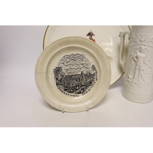 1423 - International Exhibition souvenir nursery plate 1862, a Royal Engineers plate and a jug, 20cm