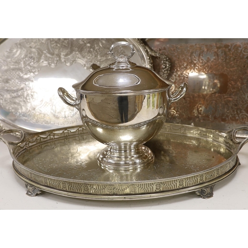 1427 - Four items of plated wares; a Victorian galleried tray, a soup tureen and two other trays, largest t... 