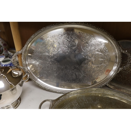 1427 - Four items of plated wares; a Victorian galleried tray, a soup tureen and two other trays, largest t... 