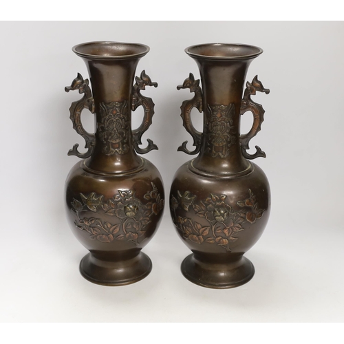 1430 - A pair of Japanese bronze vases, Meiji period, 31cm