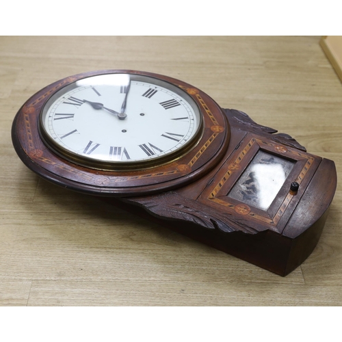 1432 - An early 20th century marquetry inlaid drop dial wall clock with German movement, 62cm