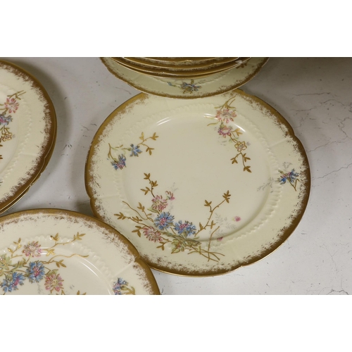 1435 - Thirteen Limoges style porcelain dessert plates, two on pedestal bases, gilt decorated with cornflow... 