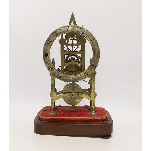 1437 - A skeleton clock with Roman numeral dial, on wooden base, 33cm high